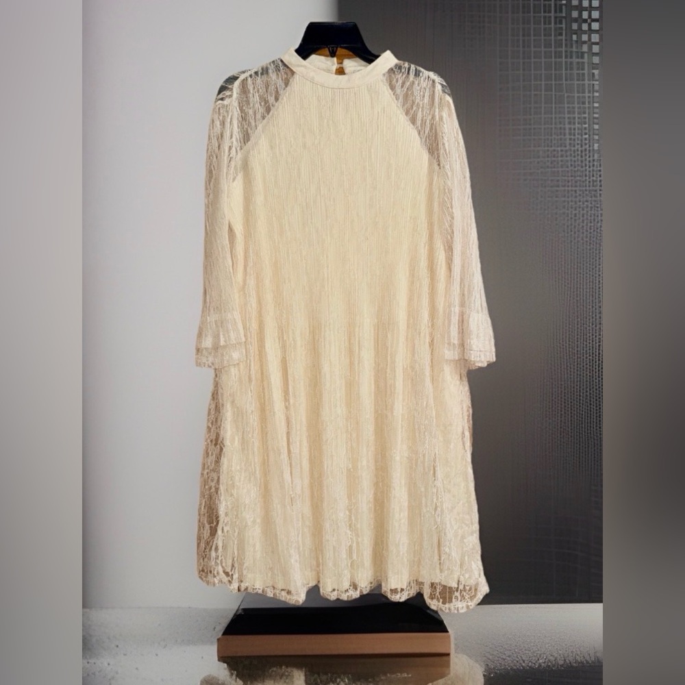 NWT Cato In Bloom Cream Long Sleeve, Semi-Sheer Shift Dress w/Lace Details - M